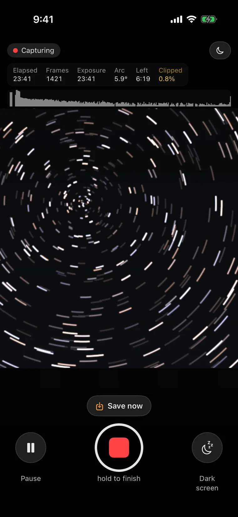 Camera viewfinder showing star trails growing as frames accumulate.